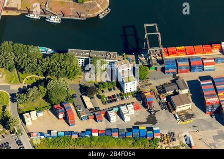 Aerial view of the Duisburg Hafen AG headquarters (duisport) from the Duisburg port Duisport AG on the Ruhr with Ruhr mouth in the Rhine in overview and details in Ruhrort in Duisburg in the Ruhr area in the federal state of North Rhine-Westphalia in Germany. Stock Photo