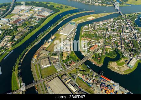 Aerial view of the Ruhr estuary into the Rhine near Ruhrort with the new logistics area of the Duisburg port, Duisport at the mouth of the Rhein-Herne canal in the Rhine in Duisburg in the Ruhr area in the federal state of North Rhine-Westphalia in Germany. Stock Photo