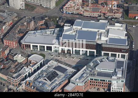 aerial view of Warrington town centre including the newly built Cockhedge Shopping Park, Cheshire, UK Stock Photo