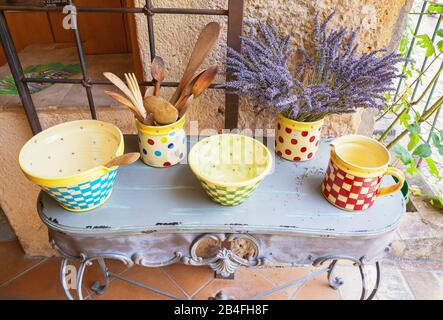Souvenirs shop with traditional Faience pottery on display, Moustiers-Sainte-Marie, Provence, France, Europe Stock Photo