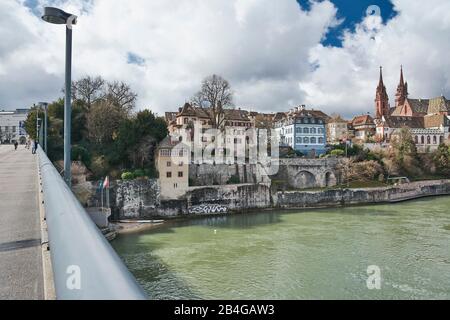 Europe, Switzerland, Basel, Rheinufer, Old Town Großbasel, Wettsteinbrücke, Kunstmuseum Basel Neubau, Basler Münster, Fähribödeli and Pfalz Stock Photo