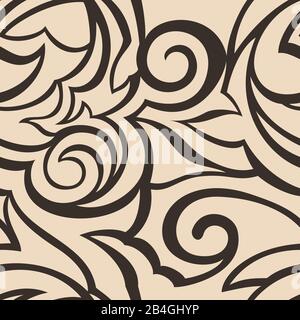 Vector texture of beige color isolated on brown background. Spirals and broken abstract shapes. Floral pattern for fabrics or packaging. Ornament with Stock Vector
