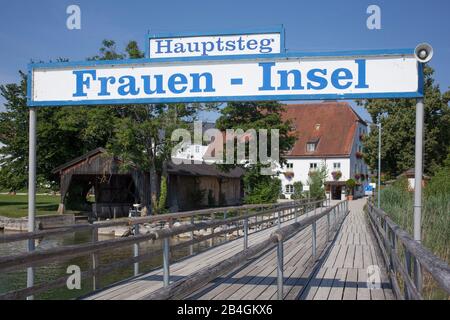 Main jetty, Frauenchiemsee Island with Fraueninsel, Chiemsee, Chiemgau, Upper Bavaria, Bavaria, Germany, Europe Stock Photo