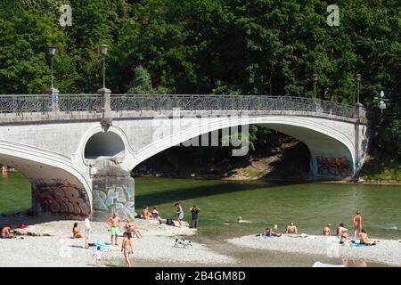 Cable bridge and gravel bank with Isar, Munich, Upper Bavaria, Bavaria, Germany, Europe Stock Photo