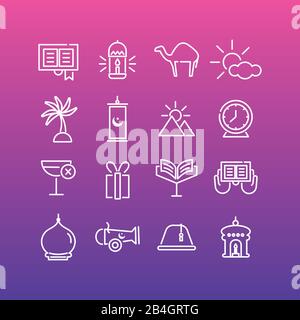 ramadam kareem set line style icons with purple color Stock Vector