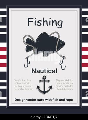 Fishing nautical card template vector with fish and rope Stock Vector