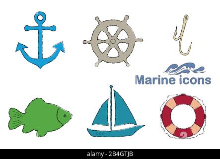 Nautical motive, chalk drawing color icons, isolated on white background, anchor, carp fish, helm, sailboat, lifebuoy, hook, vector Stock Vector