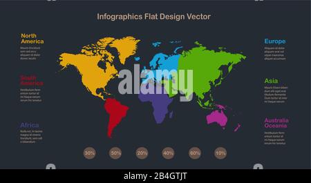 Infographics World maps with individual continents and labels with names, on a dark background vector Stock Vector