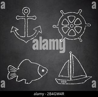 Nautical chalk icons on black chalkboard, anchor, carp fish, rudder, sailboat vector Stock Vector
