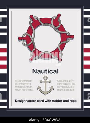 Nautical card template vector with rudder and rope as lifebuoy Stock Vector