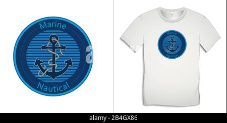 Print on t-shirt graphics design, nautical logo with anchor and rope, isolated on white background vector Stock Vector