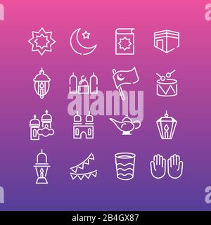 ramadam kareem set line style icons with purple color Stock Vector