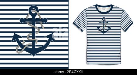 Print on t-shirt graphics design, motive image shirt sailor stripes with anchor and rope, isolated on background vector Stock Vector