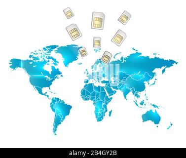 World map of blue with separate states and sim cards in glowing light on white background vector Stock Vector