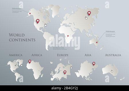 World continents map, America, Europe, Africa, Asia, Australia, blue white card paper 3D vector Stock Vector