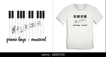 Print on t-shirt graphics design, piano keys musical with music notes, isolated on white background vector Stock Vector