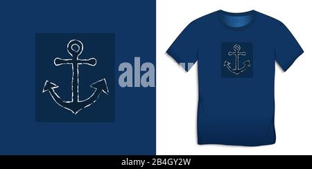 Print on t-shirt graphics design, anchor icon chalky, blue background vector Stock Vector