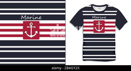 Print on t-shirt graphics design, anchor icon chalky, sailor stripes, t shirt marine striped background vector Stock Vector