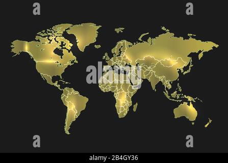 World map gold separate states, realistic light and background dark vector Stock Vector