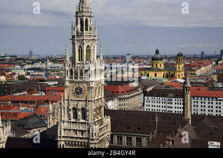 Europe, Germany, Bavaria, City of Munich, Marienplatz, New Town Hall in Neo-Gothic style, built 1867 to 1908, Town Hall Tower Stock Photo