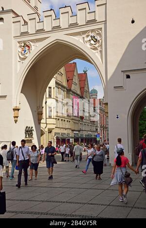 Europe, Germany, Bavaria, City of Munich, Stachus Karlsplatz, Karlstor, View of Neuhauser Strasse, Stock Photo