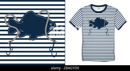 Print on t-shirt graphics design, Fish carp and rope, fishing motive image shirt sailor stripes, isolated on background vector Stock Vector