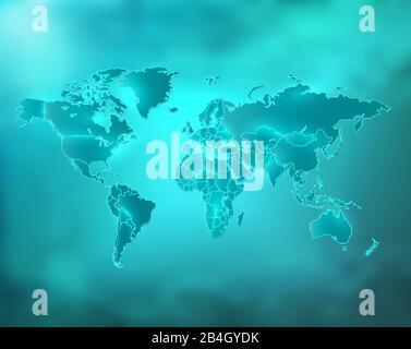 World map blue turquoise sky with separate states and glowing neon light vector Stock Vector