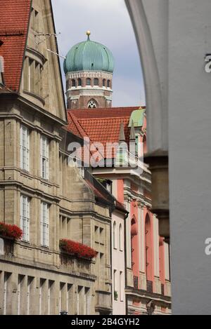 Europe, Germany, Bavaria, City of Munich, Stachus Karlsplatz, Karlstor, View of Neuhauser Strasse, Frauenkirche tower Stock Photo