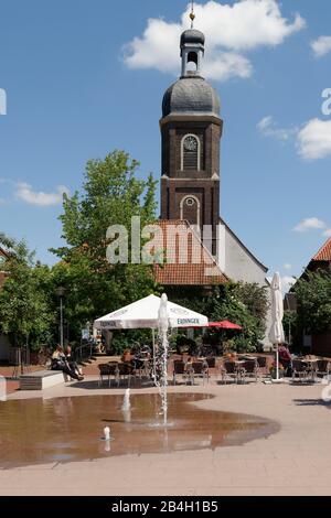 View of the Ludwig-Becker-Platz and the catholic church St.Mauritius in Nordkirchen, Nordkirchen, Münsterland, North Rhine-Westphalia, Germany Stock Photo