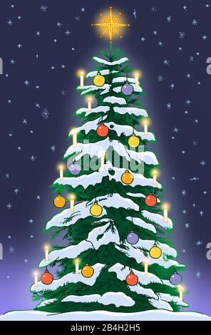 Verschneiter Weihnachtsbaum mit Kerzen, bunten Christbaumkugeln und Sternspitze vor dunkelblauem Sternenhimmel Stock Photo
