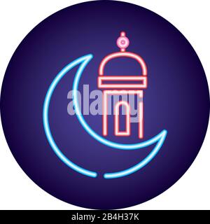 moon night with ramadan temple neon light style icon Stock Vector