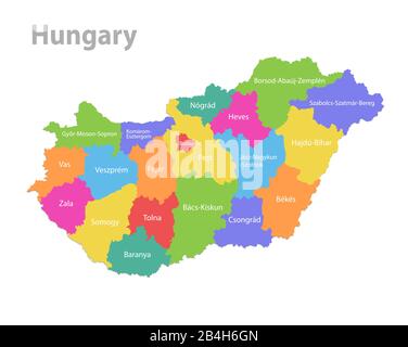Hungary map, administrative division, separate individual states with state names, color map isolated on white background vector Stock Vector