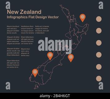 Infographics New Zealand map outline, flat design, color blue orange vector Stock Vector