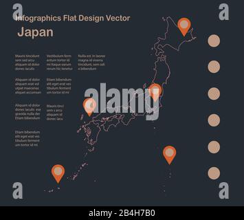 Infographics Japan map outline, flat design, color blue orange vector Stock Vector