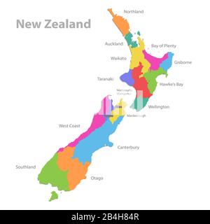 New Zealand map, administrative division with names, colors map isolated on white background vector Stock Vector