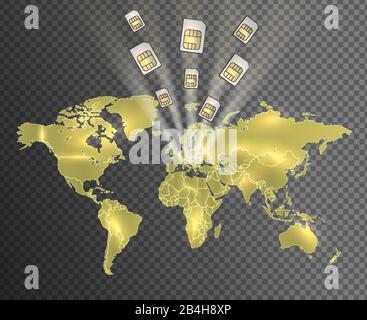 World map of gold with separate states and sim cards in glowing light on transparent background vector Stock Vector