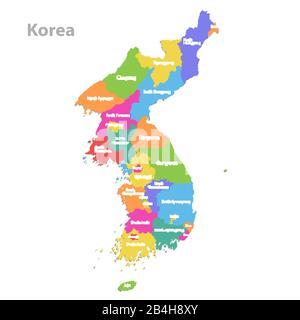 Korea map, north and south administrative division with region names, color map isolated on white background vector Stock Vector