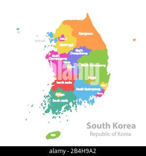 South Korea map, Republic of Korea, administrative division with state names, color map isolated on white background vector Stock Vector
