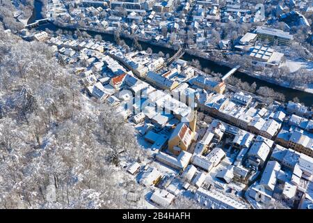 Wolfratshausen, old town with mountain forest and Loisach, drone recording, Upper Bavaria, Bavaria, Germany Stock Photo