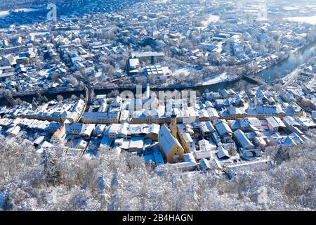 Wolfratshausen, old town with mountain forest and Loisach, drone recording, Upper Bavaria, Bavaria, Germany Stock Photo