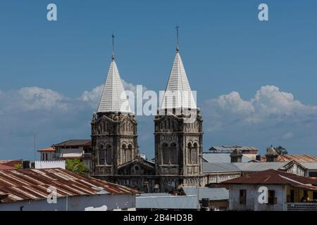 Zanzibar Island: Impressions of Stone Town. View from a roof-top bar to the Roman Catholic Cathedral of St. Joseph. It is the oldest church in East Africa Stock Photo