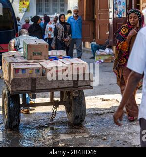 Destination Tanzania, Zanzibar Island: Impressions from Stone Town, the oldest district of Zanzibar City, the capital of the Tanzanian state of Zanzibar at the end of Ramadan. One pulls cart with food through the shopping street Stock Photo