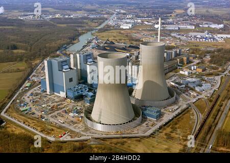 Construction site at the coal power station in the district Hamm-Uentrop with former nuclear power station atomic plant THTR-300, 27.03.2013, aerial view, Germany, North Rhine-Westphalia, Ruhr Area, Hamm Stock Photo