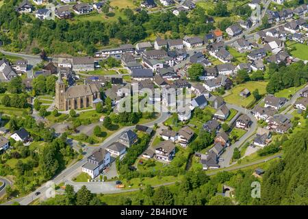 , city centre of Winterberg with church St. Johannes Baptist, 09.07.2013, aerial view, Germany, North Rhine-Westphalia, Sauerland, Winterberg Stock Photo