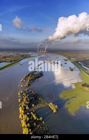 , floodplain Walsum Rhine with the STEAG power plant Voerde in the background, 13.11.2013, aerial view, Germany, North Rhine-Westphalia, Ruhr Area, Du Stock Photo