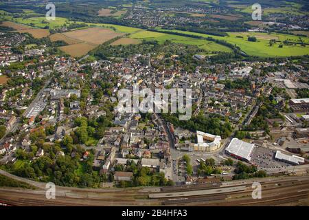 , city of Schwerte with station, aerial view, Germany, North Rhine-Westphalia, Ruhr Area, Schwerte Stock Photo
