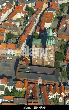 , St. Nicholas Church at the Old Market in Stralsund, aerial view, 09.08.2012, Germany, Mecklenburg-Western Pomerania, Stralsund Stock Photo