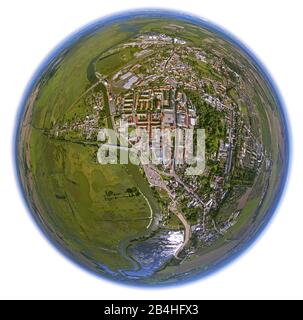 , downtown of Anklam at river Peene with St. Mary's Church, townhall and market place, 11.08.2012, aerial view, Germany, Mecklenburg-Western Pomerania, Anklam Stock Photo