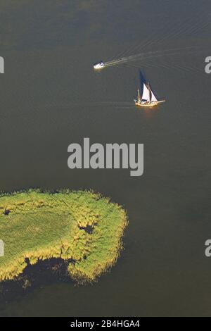 , Barth Bodden and island Grosser Kirr and a Big Kirr flatboat, 09.08.2012, aerial view , Germany, Mecklenburg-Western Pomerania, Western Pomerania Lagoon Area National Park, Zingst Stock Photo