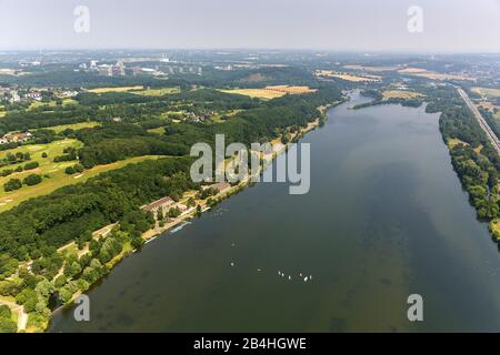 lake Kemnade in Bochum Stiepel with boat house of Ruhr University Bochum, former coal mine Gibraltar, 23.07.2013, aerial view, Germany, North Rhine-We Stock Photo